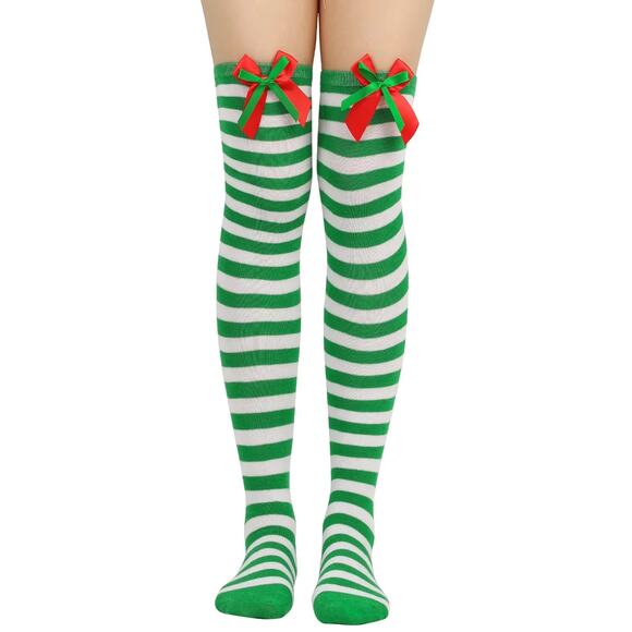 New Christmas Thigh High Socks | Striped Over-Knee Stockings with Bows - Picture 1 of 3